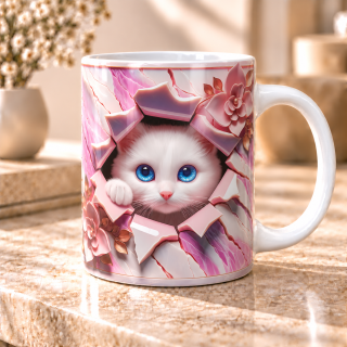 Keramický hrnek „Bílé koťátko v růžovém mramoru“ – 330 ml